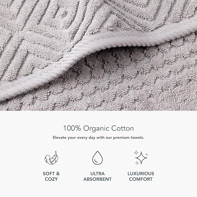 Texere 100% Organic Cotton Diamond Jacquard 700 GSM Luxury Bath Towel Sets - 2 Ultra Soft, Large Bath Towels, 2 Hand Towels, 2 Washcloths (Diamond, Cathedral Gray, 6 Piece)