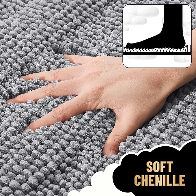 OLANLY Thick Large Bathroom Rugs 40x32, Soft Chenille Bath Rugs, Grey | Absorbent Striped, Rubber Backing, Machine Wash Dry, Bath Mats for Bathroom Floor, Tub and Shower, Home Decor Accessories