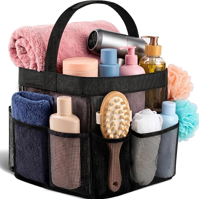 Masirs Shower Caddy Mesh - 9 Pocket Portable Bathroom Organizer Tote for Travel, Gym & Dorm - Collapsible Small Shower Caddy Bag to Hold Toiletries & Essentials (Black)