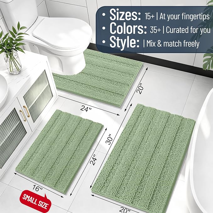 Smiry Thick Chenille Bathroom Runner Rugs 44x24, Soft Bath Mat, Sage Green | Quick‑Dry & Machine Washable, Non‑Slip Bath Carpet, Striped Bath Rugs for Tub & Shower, Modern Home Decor Accessories