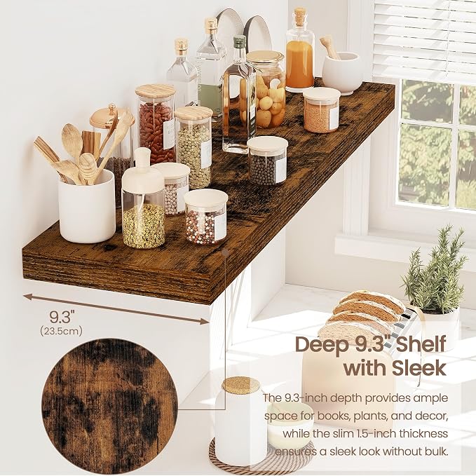 Vivelove Floating Shelves 9 inch Deep 32”Long Set of 2, Rustic Brown | Easy Install With Hardware, 1.5" Thick, Invisible Brackets, Wall Mounted, No Sagging, For Any Room