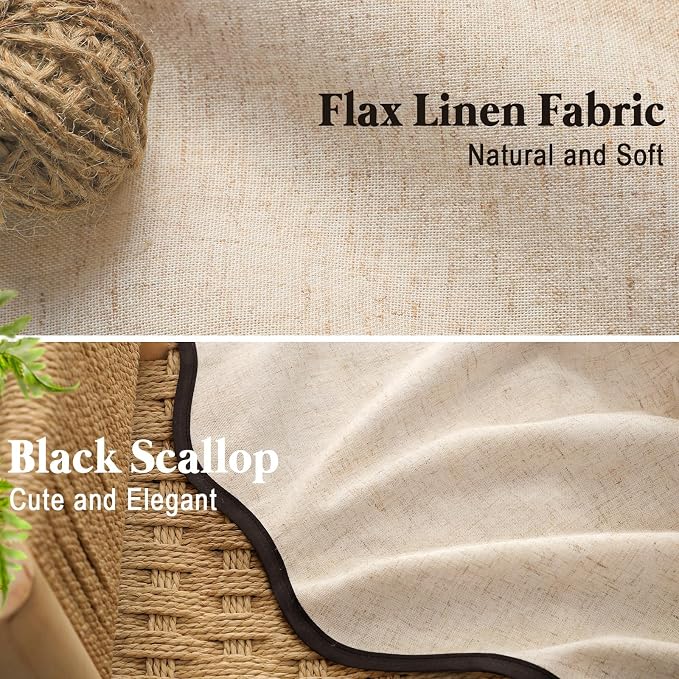 Scalloped Shower Curtain Linen Boho Beige 72" W x 72" L | Linen Fabric, Black Border, Washable, Heavy Duty Cloth, Shower Curtain for Boho Farmhouse Bathroom Bathtub
