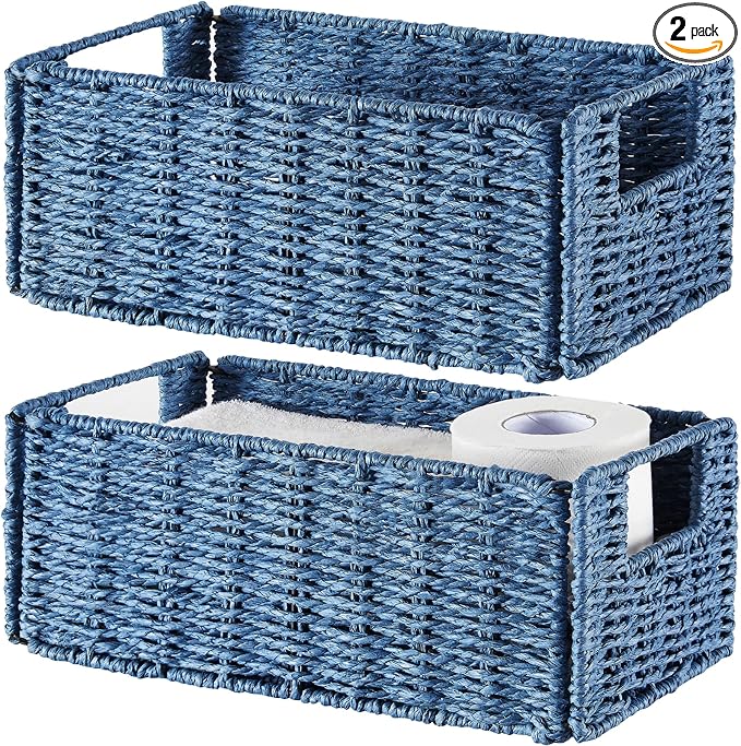 Wicker Storage Basket, Set of 2 Hand-Woven Paper Rope Wicker Basket, Small Storage Baskets for Organizing Toilet Paper Basket, Foldable Large Cube Storage Organizer Bins for Shelves (Blue)