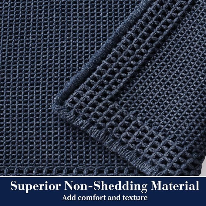 RESARE Waffle Bath Mat for Bathroom, Non Slip Bathroom Rugs 18"x30" Navy | Absorbent Boho Bathroom Floor Mats Machine Washable Quick Dry, Soft Solid Bath Rugs with Tassels, Ideal Farmhouse Home Decor