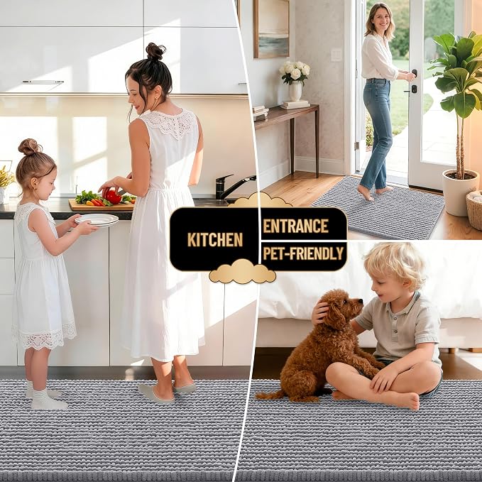 OLANLY Thick Chenille Bathroom Runner Rugs 47x24, Absorbent Bath Mat, Grey | Soft Bath Rugs, Rubber Backing, Machine Wash Dry, Bath Mats for Bathroom, Tub and Shower, Home Decor Accessories