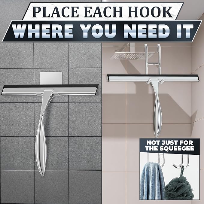 12 in Bathroom Squeegee for Shower Glass, Stainless Steel (Silver) | Shower Squeegee for Glass Doors, Silicone Blade, Adhesive and Hanging Hooks, for Bathroom, Mirror, Tile, Window, and Car