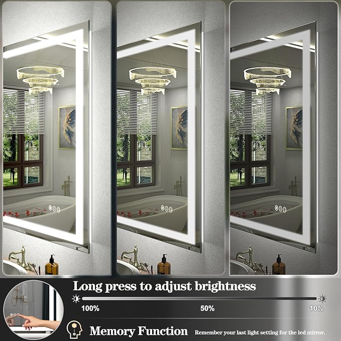 26x36 Inch LED Bathroom Mirror, Backlit and Front Lights | Dimmable Lighted Vanity Mirror for Wall, Anti-Fog, Memory, Shatter-Proof, ETL Listed (Horizontal/Vertical)