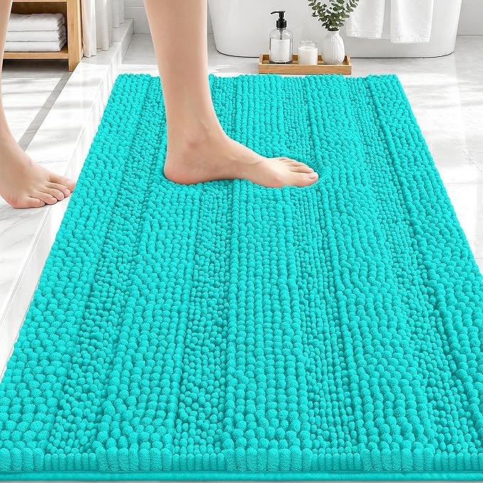 OLANLY Thick Bathroom Rugs 30x20, Soft Chenille Striped Bath Rugs, Teal | Rubber Backing, Machine Wash, Extra Absorbent Bath Mats for Bathroom Floor, Tub and Shower, Home Decor Accessories