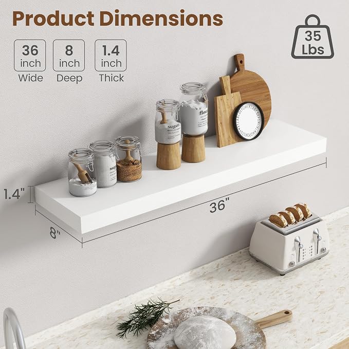 36 Inch Floating shelves for Wall, 8 Inch Deep, Invisible Brackets, White | Rustic Wall Mounted Shelf, Storage & Display, Wooden Shelves for Living Room, Kitchen, Bathroom and Home Decor, Set of 2