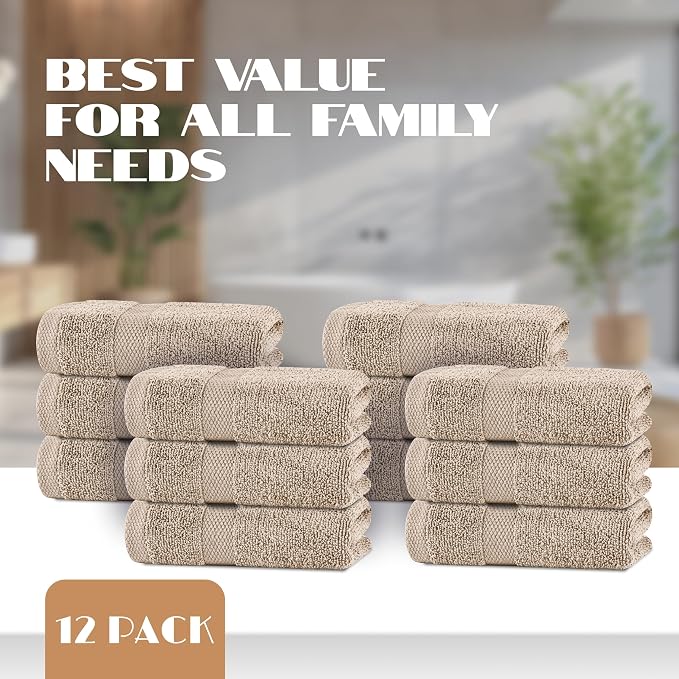 White Classic Wealuxe Taupe Hand Towels for Bathroom [12 Pack] Cotton Hand Towel Bulk for Gym, Kitchen and Spa, 16x27 Inches Soft Highly Absorbent Quick Dry Terry Salon Towels