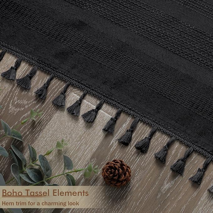Black Shower Curtain 78 Inch Long, Boho Farmhouse Thick Linen Textured Fabric Shower Curtain with Tassel, Minimalist Striped Weighted Machine Washable Bathroom Decor, 72Wx78L Inches