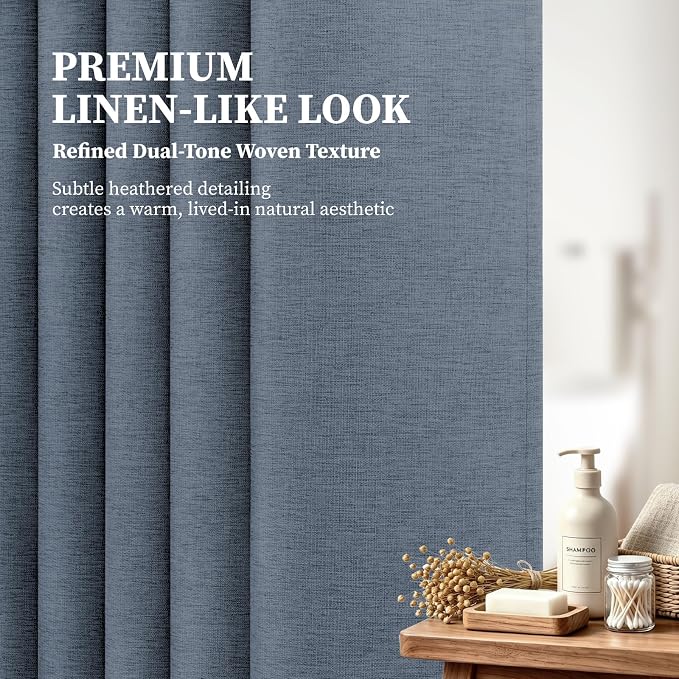 108x72 Linen Textured Waterproof Cloth Shower Curtain Set, Blue Grey | Extra Wide Size, 230GSM Polyester, Heavy Duty Fabric, Weighted Hem, 18 Plastic Hooks, Modern Hotel Style, Machine Washable