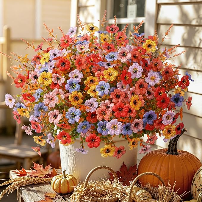SHareconn 48 Bundles Fake Fall Flowers UV Resistant Outdoor Decor | Artificial Fall Flowers Silk Violet Lavender, Faux Fall Flowers Outside for Patio, Porch, Garden, Yard and Home, 6 Colors
