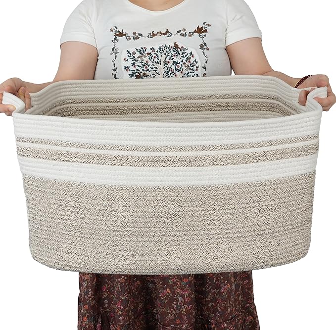 XUANGUO Large Woven Cotton Rope Blanket Basket 22"x17"x12" White Brown | Storage basket for nursery and living room; toy basket for kids or laundry basket for clothes and towels.