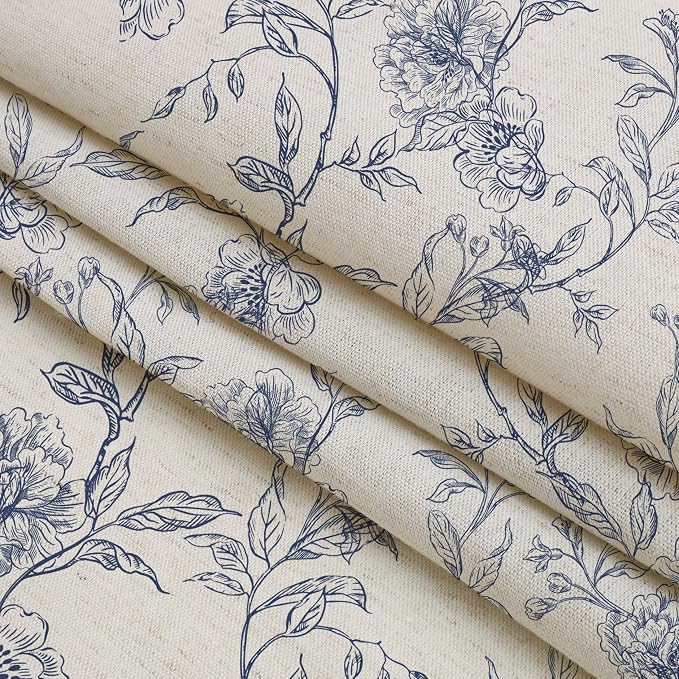 MUGINYU Blue Floral Toile Shower Curtain with Ruffle Trim - Vintage French Country Bathroom Decor with Linen Texture, Cottagecore Aesthetic Pattern, 72x72 Inches