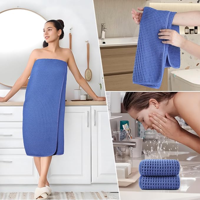POLYTE 430 GSM Poly Blend Microfiber Quick Dry Waffle Bath Towel Set of 6 | 2-Body Towels, 2-Hand Towels, 2-Wash cloths, Oversize, Lint Free