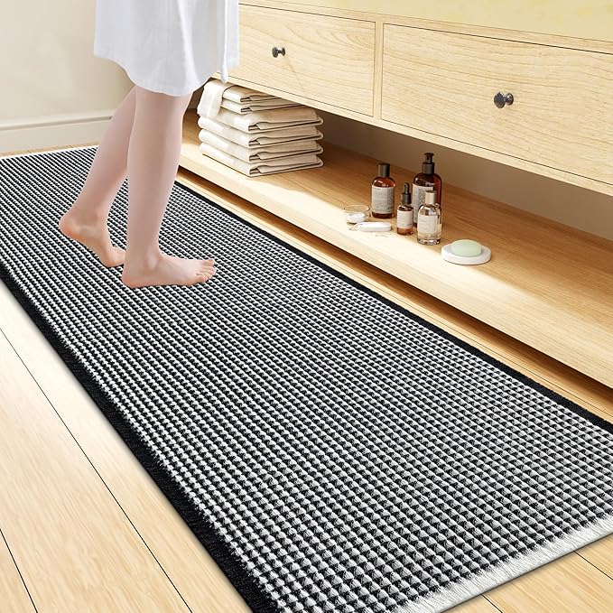 Smiry Waffle Bath Mat 72X24, Soft Absorbent Bathroom Rugs, Black & Cream | Non Slip Machine Washable Quick Dry Bath Rugs for Bathroom Floor, Tub, Shower, Home Decor Accessories