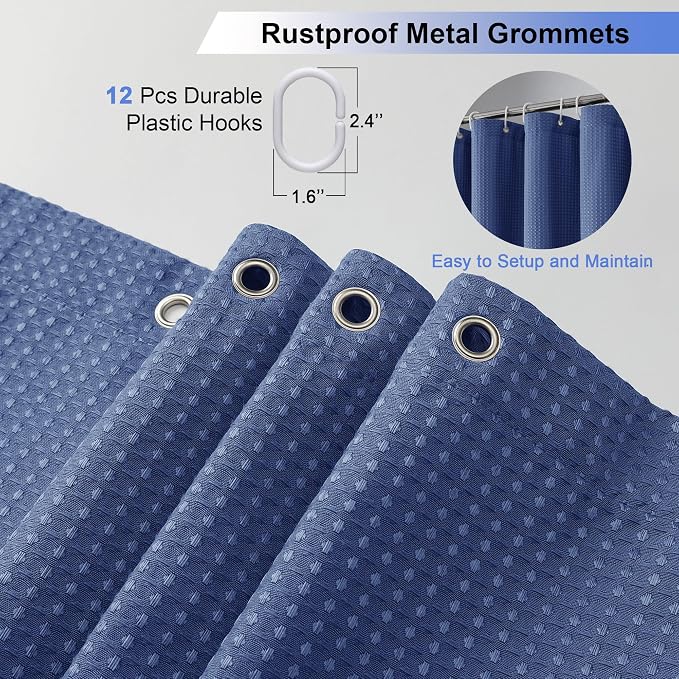 Long Fabric Shower Curtain Set, Waffle Textured Shower Curtain for Bathroom - Weight 230GSM Heavy Duty Hotel Spa Luxury Bath Curtain Set with 12 Plastic Hooks, 72x78, Blue
