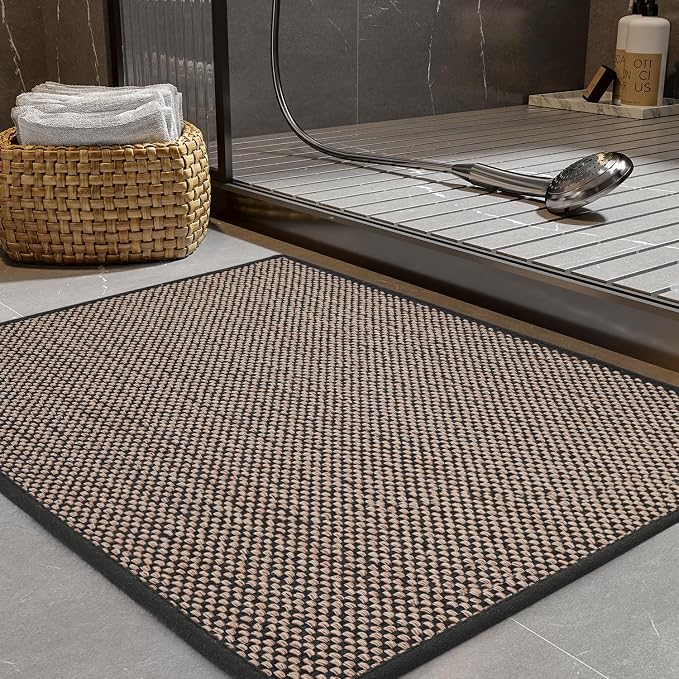 PADOOR Non-Slip Bath-Mats, Rubber-Backing Braided Absorbent Bathroom Mat, Machine Washable, Thin Bathroom Rugs Fit Under Door, Quick Dry, 20''x32'' Black