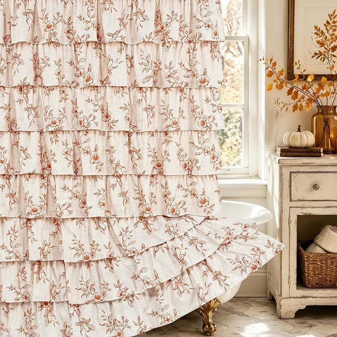 Yinhua Fall Ruffle Shower Curtains for Bathroom with Floral, 72" Wx72 L | Orange Floral Print, Ruflle Design, 12 Metal Hooks, Vintage Rustic Washable Waterproof Shower Curtain for Bathroom Bathtub