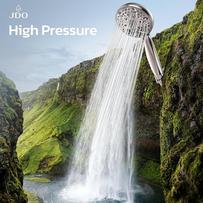 JDO Handheld Shower Head, 6 Spray Settings, Brushed Nickel Finish | High-pressure flow, detachable design, stainless steel hose & bracket, universal bathroom connection