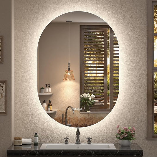 24x32 Inch Oval Backlit LED Bathroom Mirror for Wall | Dimmable, 3 Colors Lighting, Anti-Fog, Memory, Phill-shaped Vanity Mirror with Lights (Horizontal/Vertical)