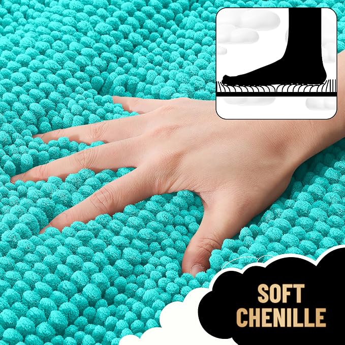 OLANLY Thick Small Bathroom Rugs 24x16, Soft Chenille Bath Rugs, Teal | Rubber Backing, Machine Wash, Extra Absorbent Striped Bath Mats for Bathroom Floor, Tub and Shower, Home Decor Accessories