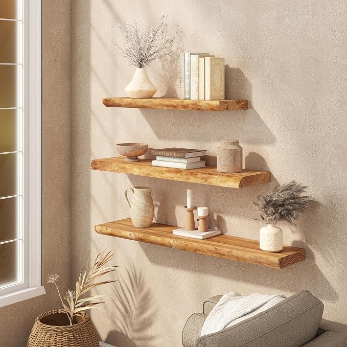 Floating Shelves Set of 2, Solid Elm Wood 36 Inch Wall Shelving | Natural Live Edge Grain, Heavy Duty Hidden Brackets, Wall Decor For Living Room, Bedroom, Kitchen & Bathroom