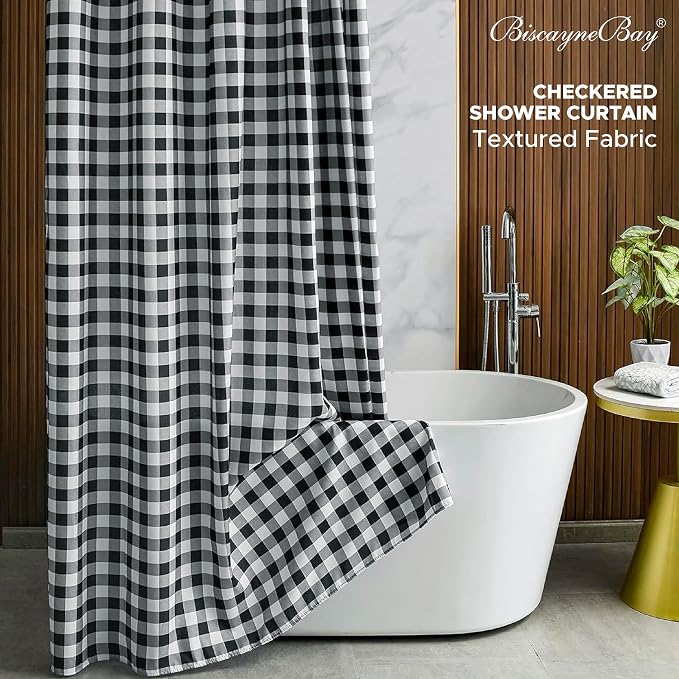 Biscaynebay Textured Fabric Shower Curtains 72" X 72", Black & White Printed Checkered Linen Modern Farmhouse Boho Hotel Quality Cloth Bathroom Curtains Machine Washable