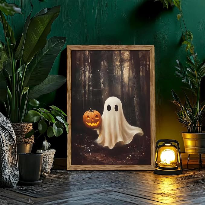 Vintage Halloween Ghost Wall Art, Gothic Cute Ghost Pumpkin Canvas Wall Decor Paintings, Dark Academia Spooky Fall Forest Prints Pictures for Living Room Bedroom 12x16 Inch Framed