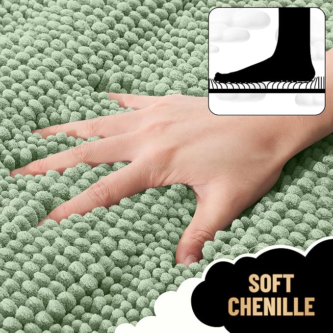 OLANLY Thick Large Bathroom Rugs 44x32, Chenille Bath Rugs, Sage Green | Absorbent Striped, Rubber Backing, Machine Wash Dry, Bath Mats for Bathroom Floor, Tub and Shower, Home Decor Accessories