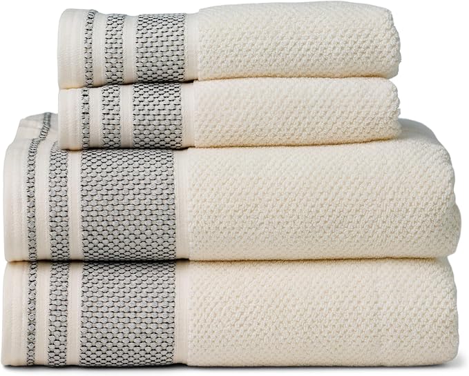 Texere 100% Organic Cotton Rice Weave Jacquard 700 GSM Luxury Bath Towel Set - 2 Large Bath Towels, 2 Hand Towels (Rice Weave, Cream w/Blk, 2 Bath & 2 Hand Towels)