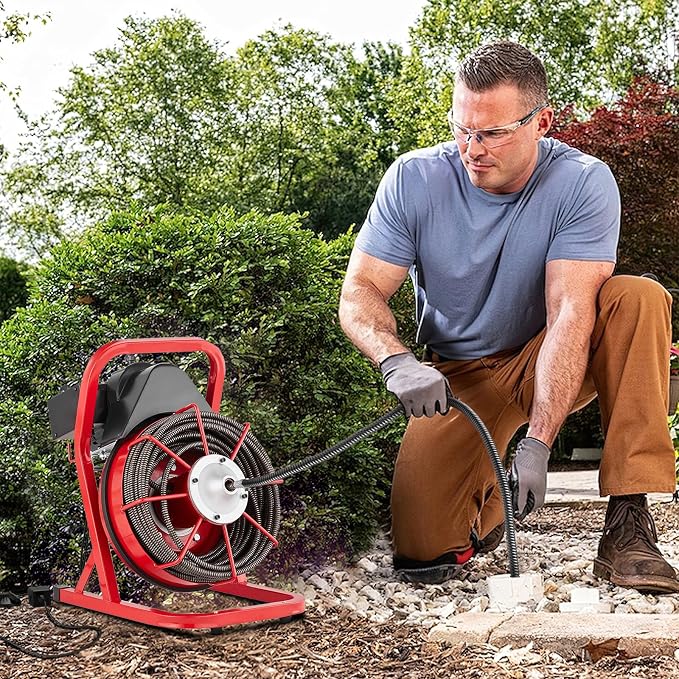 75FT x 1/2 Inch Drain Cleaner Machine, Drain Auger Manual Feed, 370W Electric Drain Snake Cleaning Machine with 4 Cutters & Air-Activated Foot Switch for 2" to 4" Pipes
