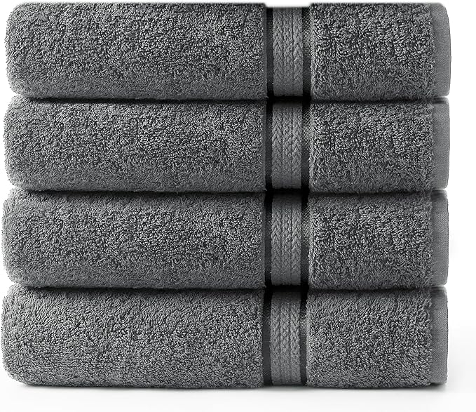 COTTON CRAFT Ultra Soft Bath Towels - 4 Pack 100% Cotton Large 30x54 inches | Oversized 580 GSM Absorbent Charcoal Bath Towel with Luxurious Rayon Border - Ideal for Everyday use - Easy Care Machine Wash