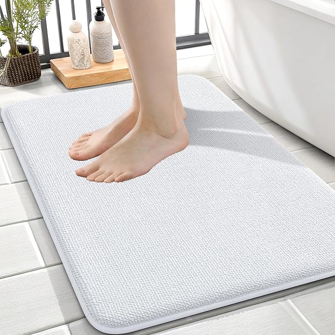 OLANLY Memory Foam Small Bathroom Rugs 24x16, Absorbent Bath Mat, White | Soft Quick Dry Bath Rugs, Non-Slip Carpet, Machine Washable Mat for Bathroom Floor, Tub and Shower, Home Decor Accessories