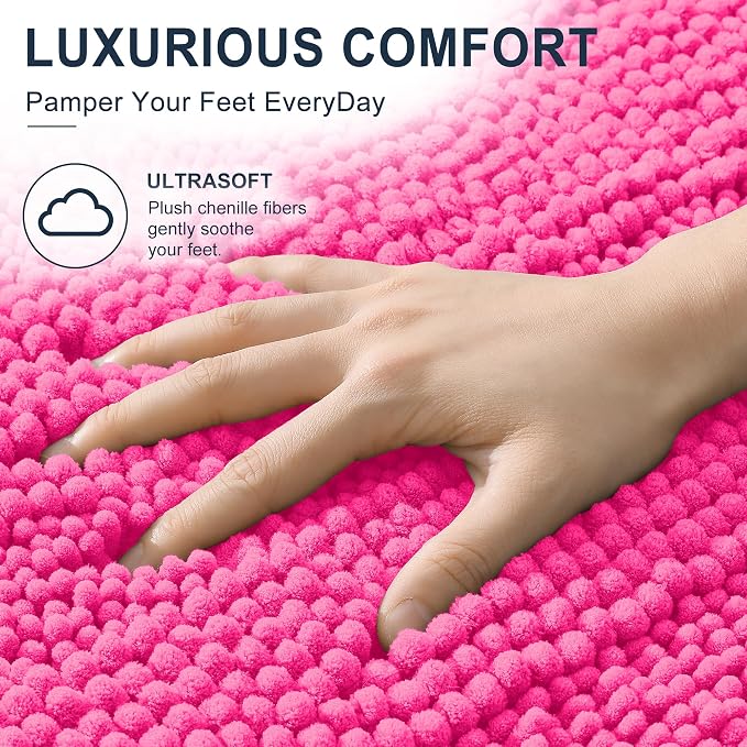 Smiry Thick Chenille Bathroom Rugs 30x20, Soft Absorbent Bath Mat, Hot Pink | Quick‑Dry & Machine Washable, Non‑Slip Bath Carpet, Striped Bath Rugs for Tub & Shower, Modern Home Decor Accessories