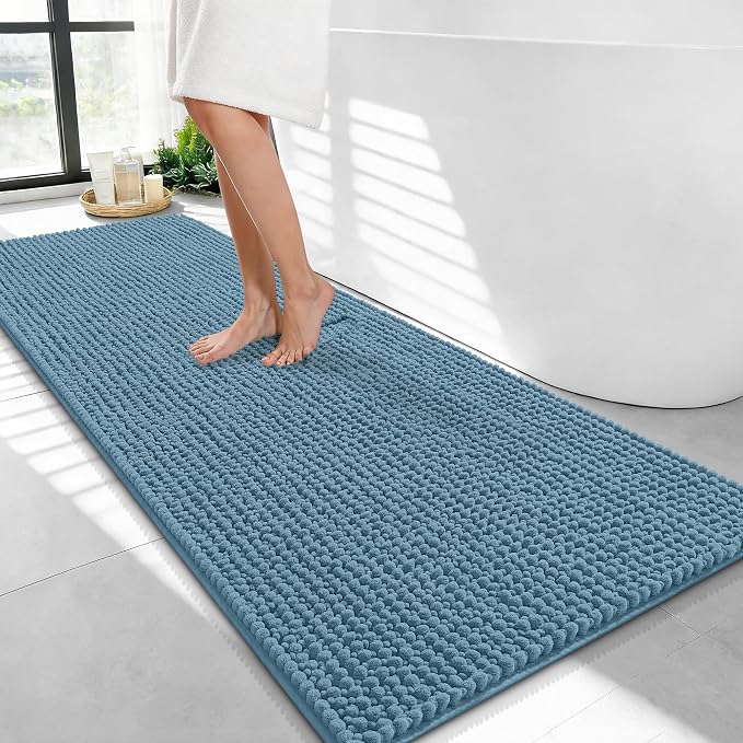 OLANLY Thick Chenille Bathroom Runner Rugs Mats 47x24, Airy Blue | Soft Absorbent Bath Rugs, Rubber Backing, Machine Wash Dry, Bath Mats for Bathroom, Tub and Shower, Home Decor Accessories