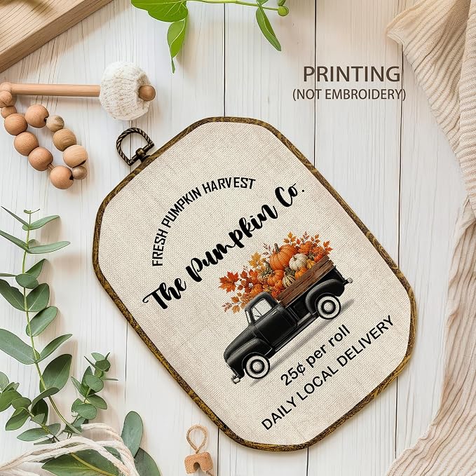 Yjeslw Fall Pumpkin Truck Bathroom Octagon Wall Art Decor, 10.2x7 Inch | Pumpkins Autumn Leaves Framed Canvas Prints, Rustic Cottagecore Wall Hanging Decorations for Bath Room Washroom Toilet Decor