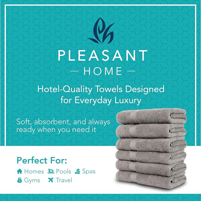 Pleasant Home Bath Towels Set of 6 (24” x 50”) 100% Cotton, Gray | 515 GSM | Lightweight, Soft & Highly Absorbent Luxury Towels for Bathroom | for Gym, Pool & Spa