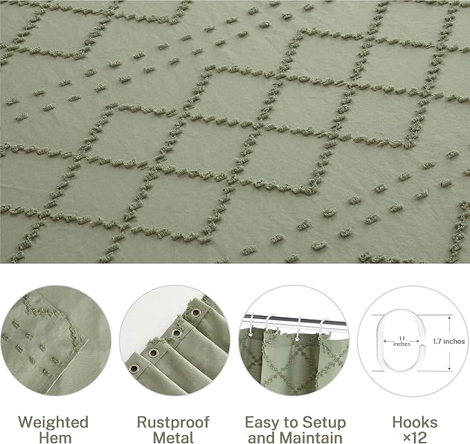 Siiluminisoy Extra Long Sage Green Boho Shower Curtain - Woven Fabric, 72 x 96 Inches, Tufted Chevron Textured Striped, Modern Farmhouse Minimalist for Bathroom