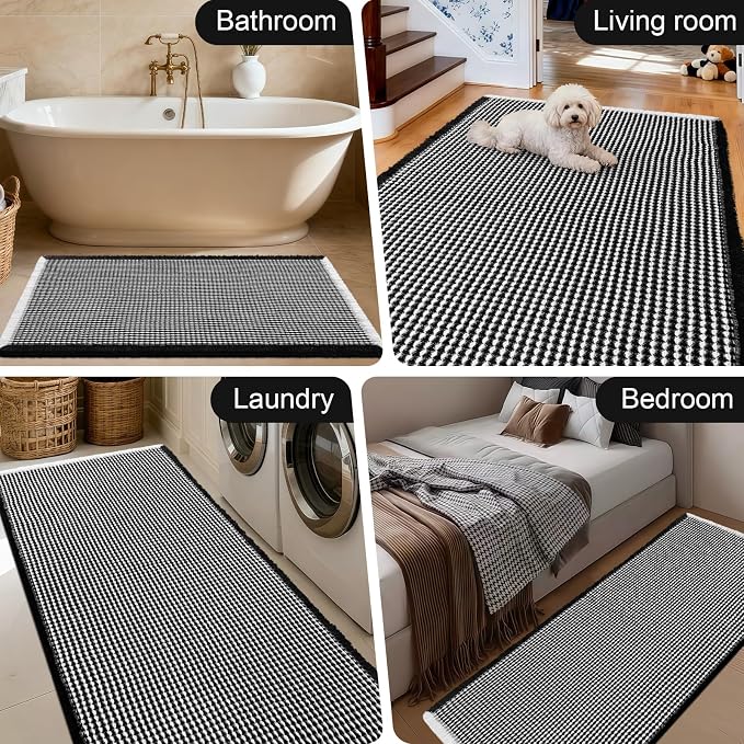 Upgraded Waffle Bath Mat, 36"x24" Black & White, Super Absorbent Non-Slip Quick Dry Bathroom Rugs with Tassels, Machine Washable Ultra Soft Boho Bath Rugs for Floor, Toilet Mats Boho Farmhouse Decor