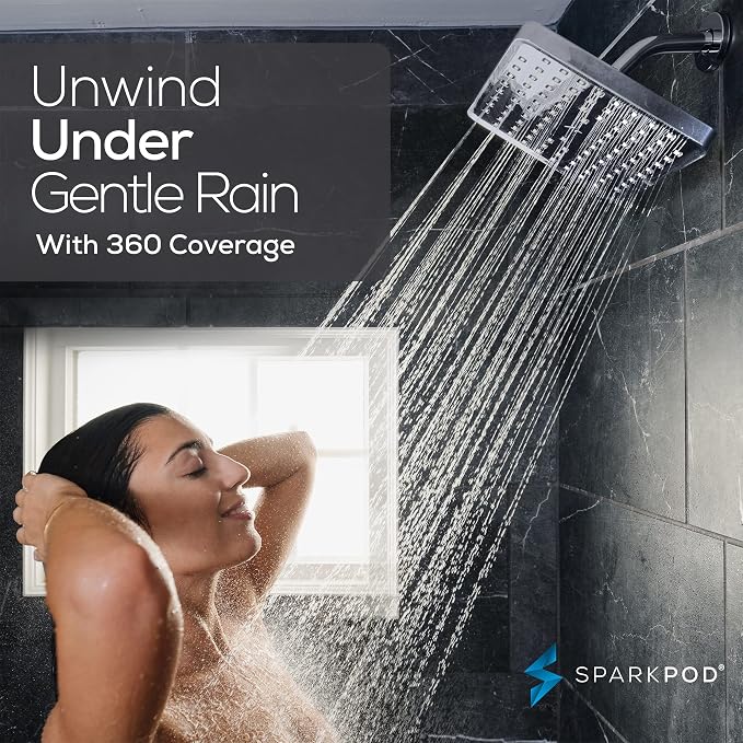 SparkPod Rain Shower Head, 8 Inch Square, Charcoal Grey Finish | High Pressure Shower Heads, 90 Nozzles, Adjustable Showerhead, No Tools Needed, Universal Connection