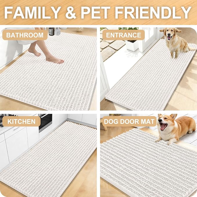 OLANLY Bathroom Runner Rugs 47x20, Thick Soft Absorbent Chenille Bath Rugs | Ivory, Quick-Drying Rubber Backing, Long Shaggy Bath Mat, Machine Washable for Floor, Tub and Shower, Home Decor Accessories