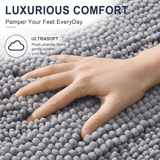 Smiry Thick Chenille Bathroom Rugs 36x24, Soft Absorbent Bath Mat, Grey | Quick‑Dry & Machine Washable, Non‑Slip Bath Carpet, Striped Bath Rugs for Tub & Shower, Modern Home Decor Accessories