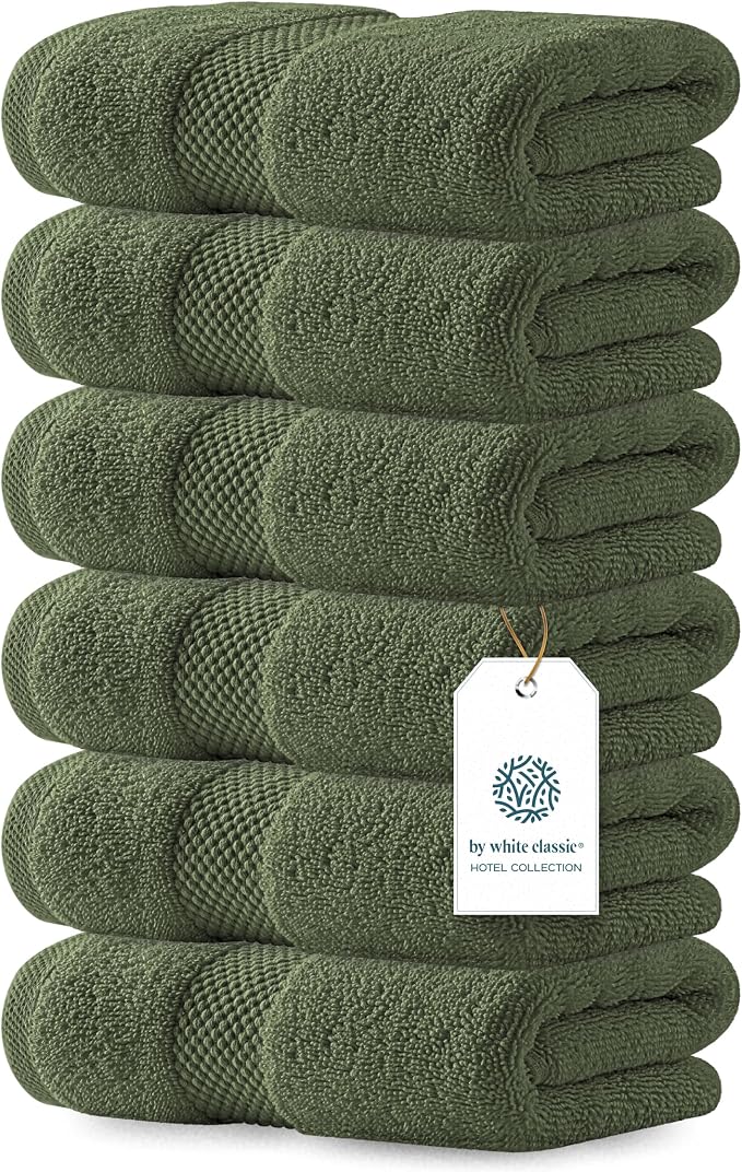 White Classic Luxury Forest Green Hand Towels - Soft 100% Turkish Cotton | Highly Absorbent Hotel spa Bathroom Towel Collection | 16x30 Inch | Set of 6