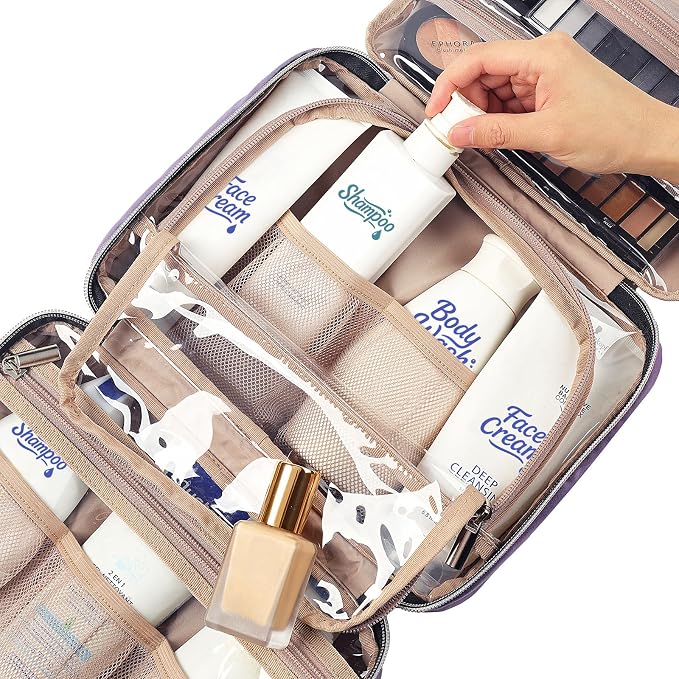NISHEL Travel Toiletry Bag for women, Portable Hanging makeup Organizer | for Travel-Sized Shampoo, Conditioner, Brushes Set, makeup Accessories, Medium Size, Purple