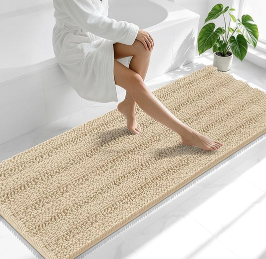 Smiry Thick Chenille Bathroom Runner Rugs 70x24, Absorbent Bath Mat, Beige | Quick‑Dry & Machine Washable, Non‑Slip Bath Carpet, Soft Striped Bath Rugs for Tub & Shower, Modern Home Decor Accessories