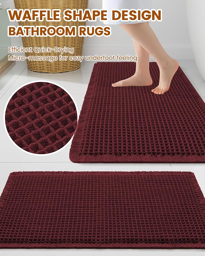 Smiry Waffle Bath Mat 30X20, Extra Soft Absorbent Bathroom Rugs, Burgundy | Non Slip Machine Washable Quick Dry Bath Rugs for Bathroom Floor, Tub, Shower, Home Decor Accessories