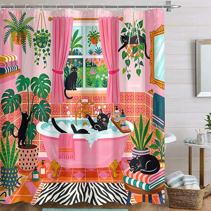 Accnicc Funny Cat Shower Curtain for Bathroom 72 X 84 Inches | Boho Cute Fun Black Cats Extra Long Shower Curtains, Tropical Plant Pink Bathroom Decor, Water-Resistant Washable Polyester