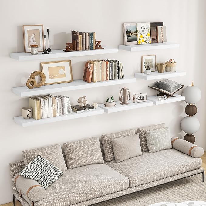 RICHFOCUS 31.5Inch Floating Shelves for Wall 2 Pack Shelves for Bedroom|Kitchen|Bathroom Wall Mounted Rustic Wood Floating Shelf with Invisible Brackets for Books|Storage|Decor, White